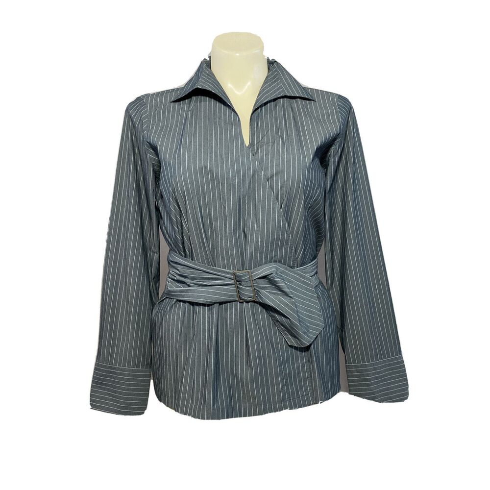 Talbots Wrap Top‎ 14 Slate Gray White Pinstripe Long Sl Collar Belted Blouse